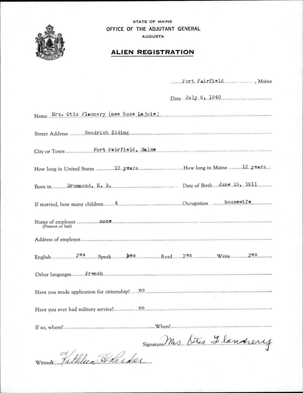 Miniature of Alien Registration- Lajoie, Rose (Fort Fairfield, Aroostook County)