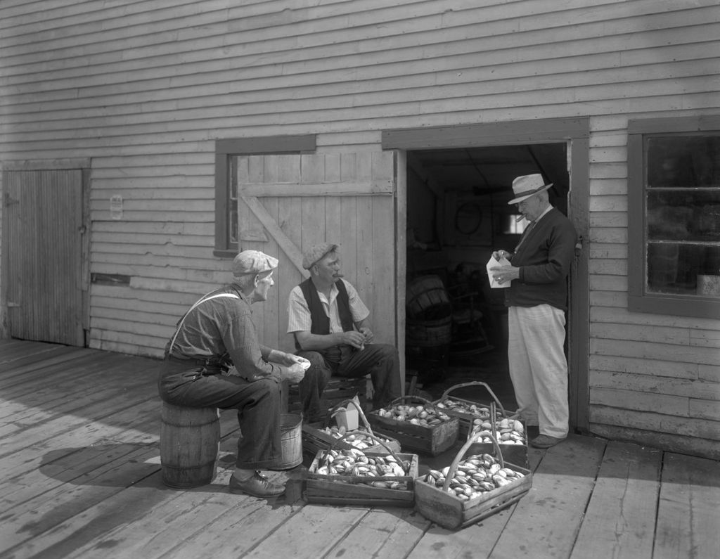 Miniature of Three Old Timers On A Pier Shucking Clams--Five Islands
