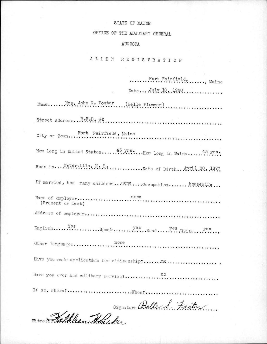 Miniature of Alien Registration- Plummer, Belle (Fort Fairfield, Aroostook County)