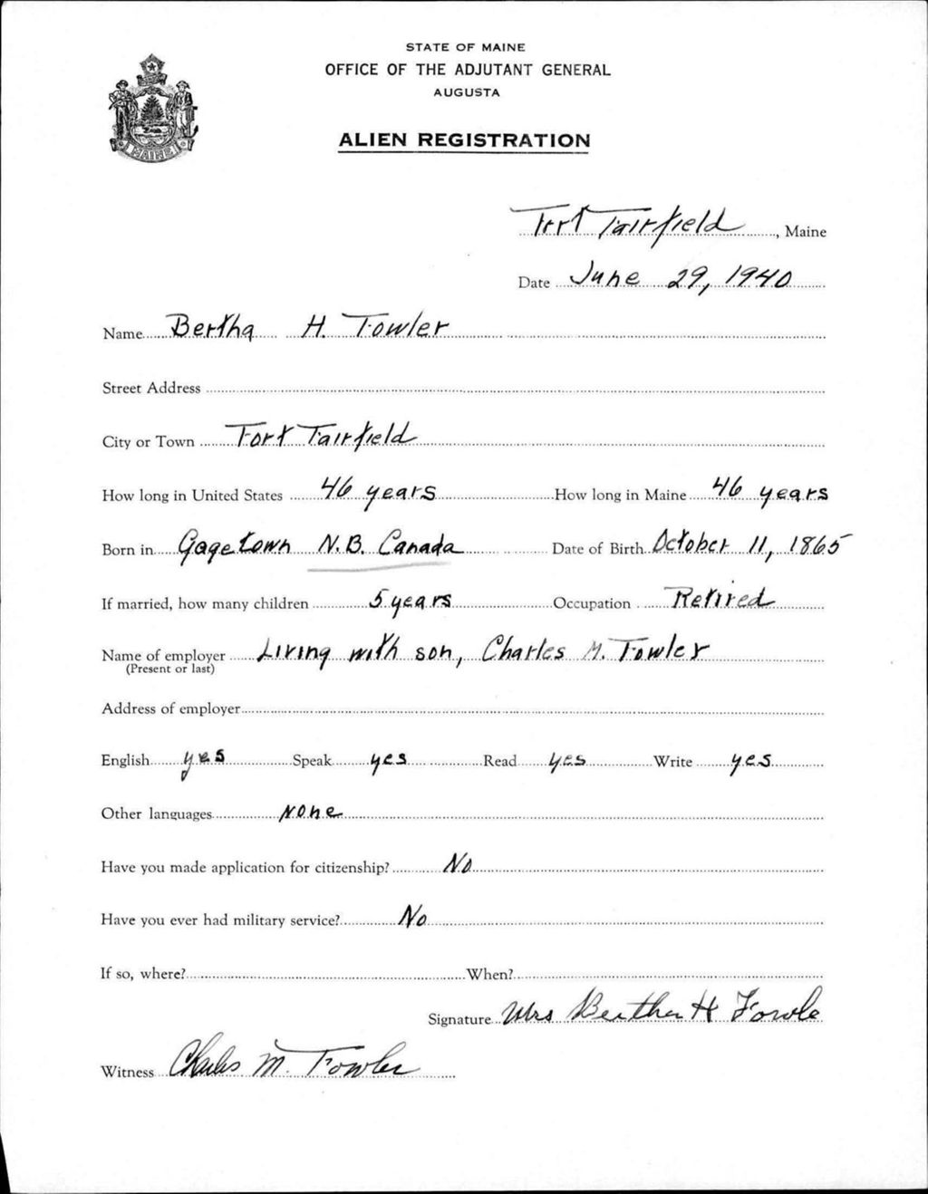 Miniature of Alien Registration- Towler, Bertha H. (Fort Fairfield, Aroostook County)