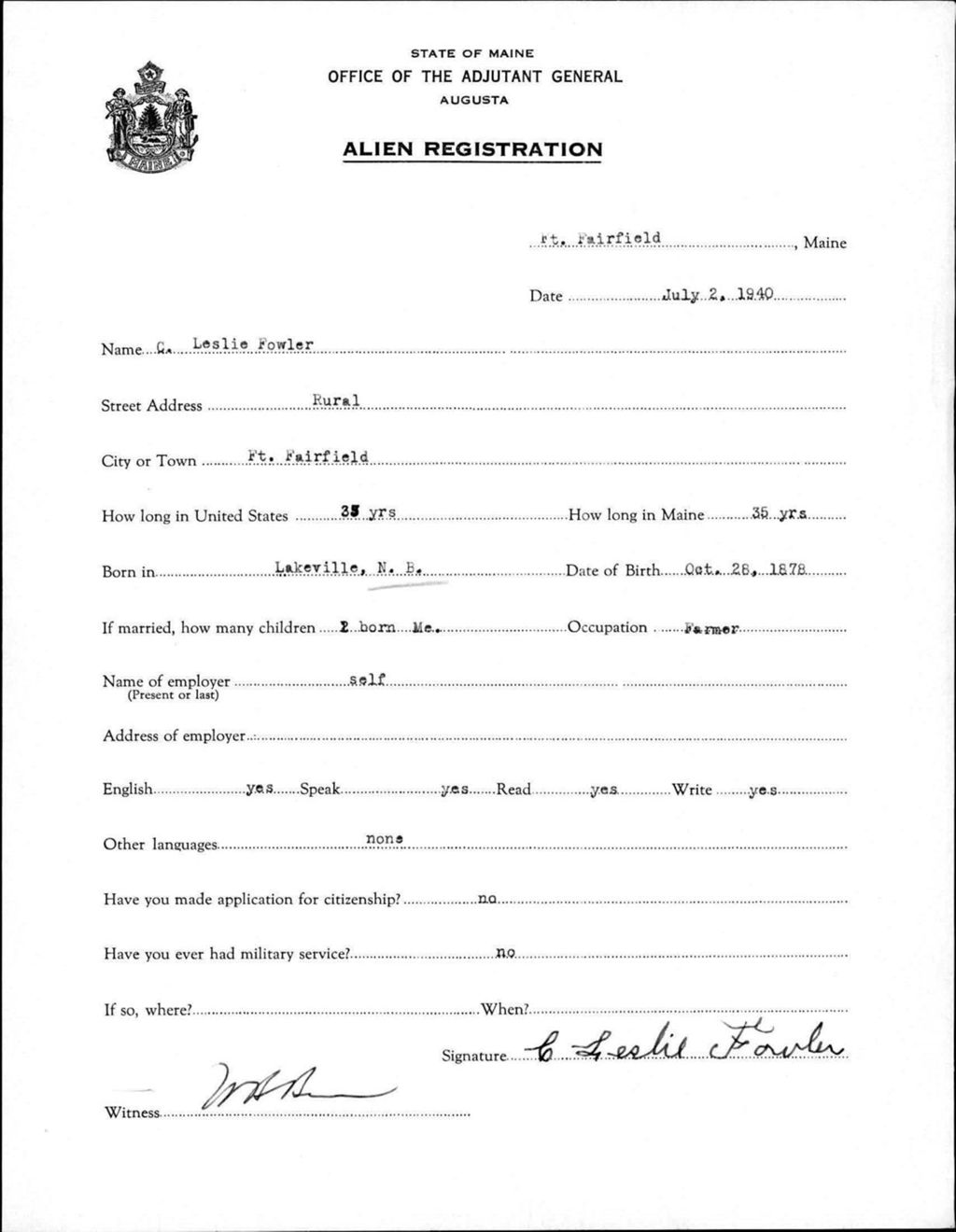 Miniature of Alien Registration- Fowler, Leslie (Fort Fairfield, Aroostook County)