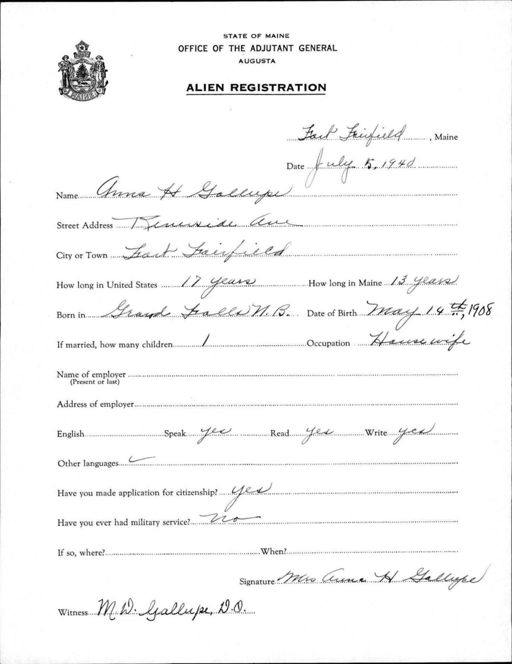 Miniature of Alien Registration- Gallup, Anna H. (Fort Fairfield, Aroostook County)