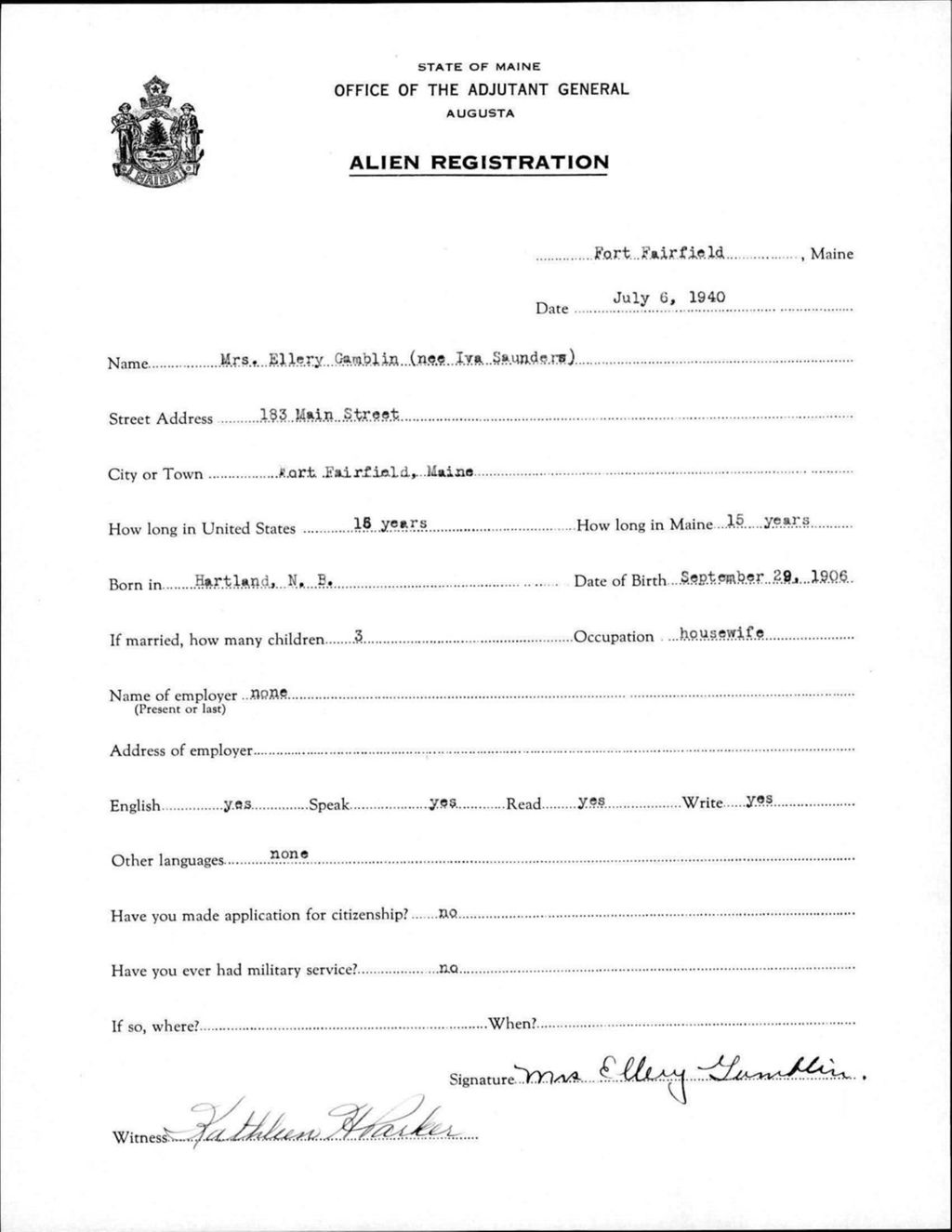 Miniature of Alien Registration- Saunders, Iva (Fort Fairfield, Aroostook County)