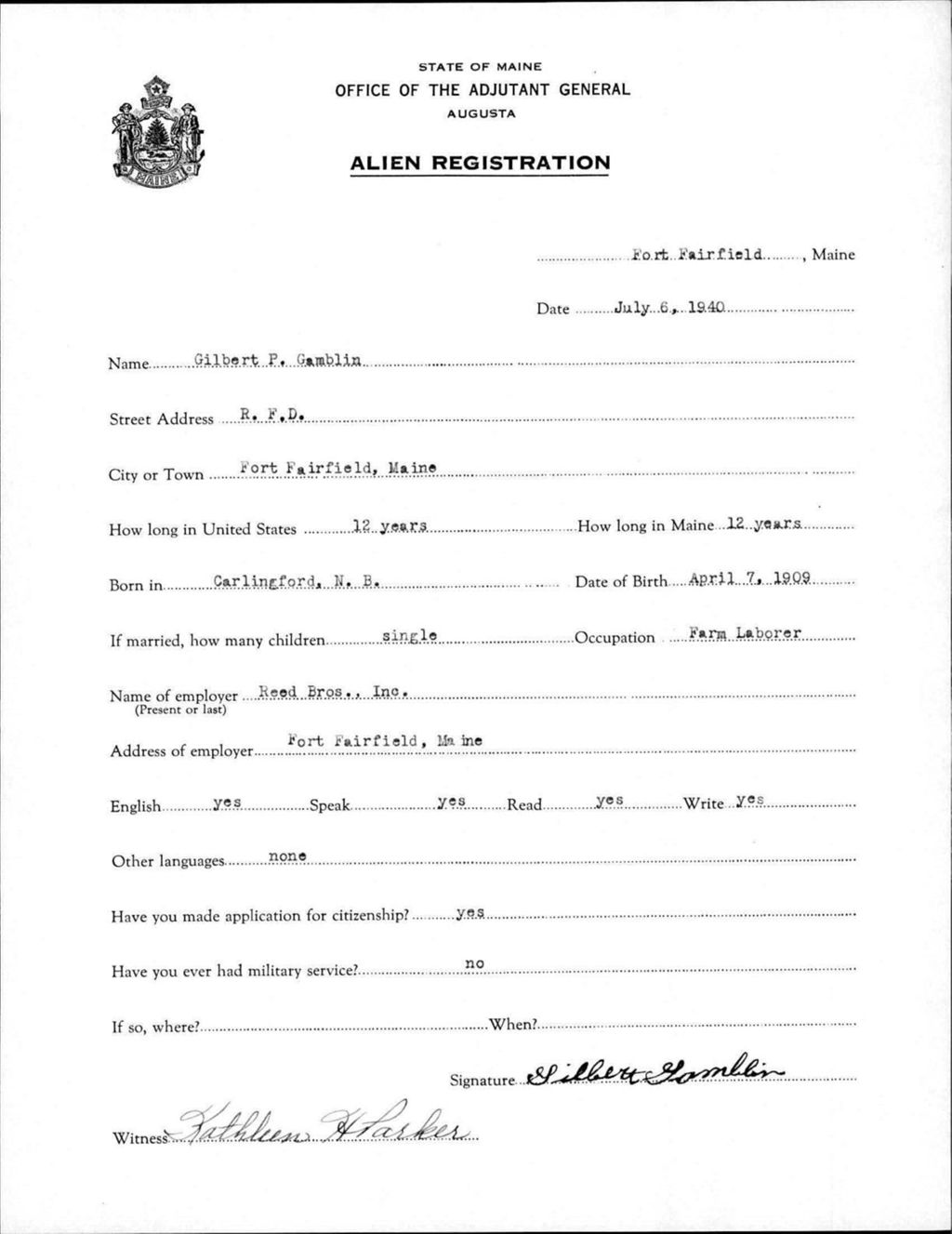Miniature of Alien Registration- Gamblin, Gilbert P. (Fort Fairfield, Aroostook County)