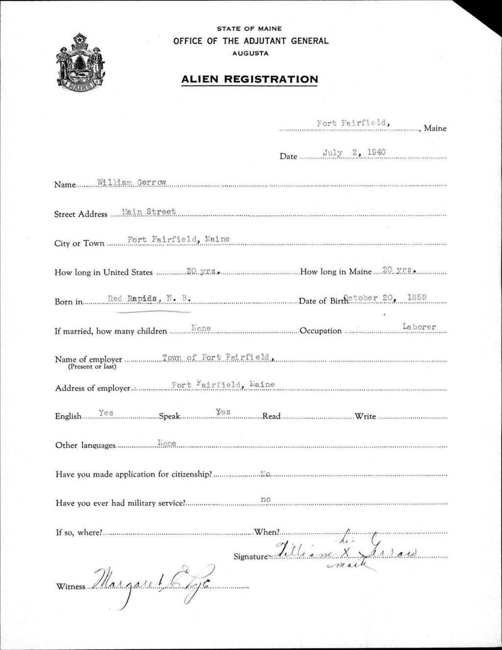 Miniature of Alien Registration- Gerrow, William (Fort Fairfield, Aroostook County)