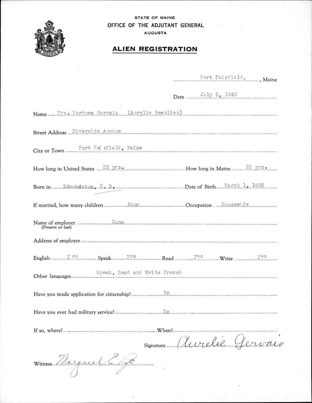 Miniature of Alien Registration- Beaulieu, Aurelie (Fort Fairfield, Aroostook County)