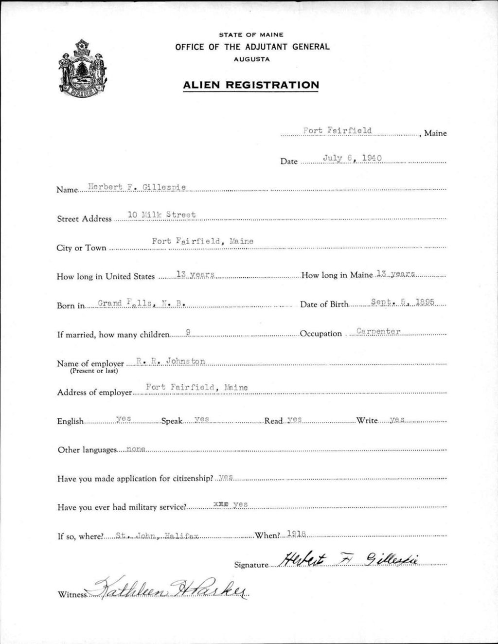 Miniature of Alien Registration- Gillespie, Herbert F. (Fort Fairfield, Aroostook County)