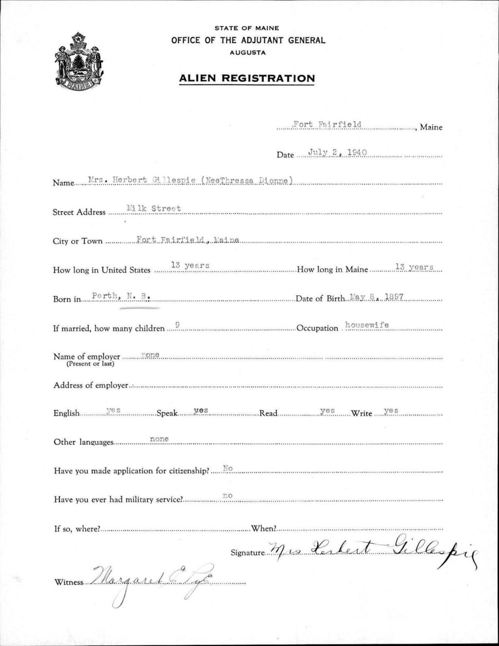 Miniature of Alien Registration- Dionne, Thressa (Fort Fairfield, Aroostook County)