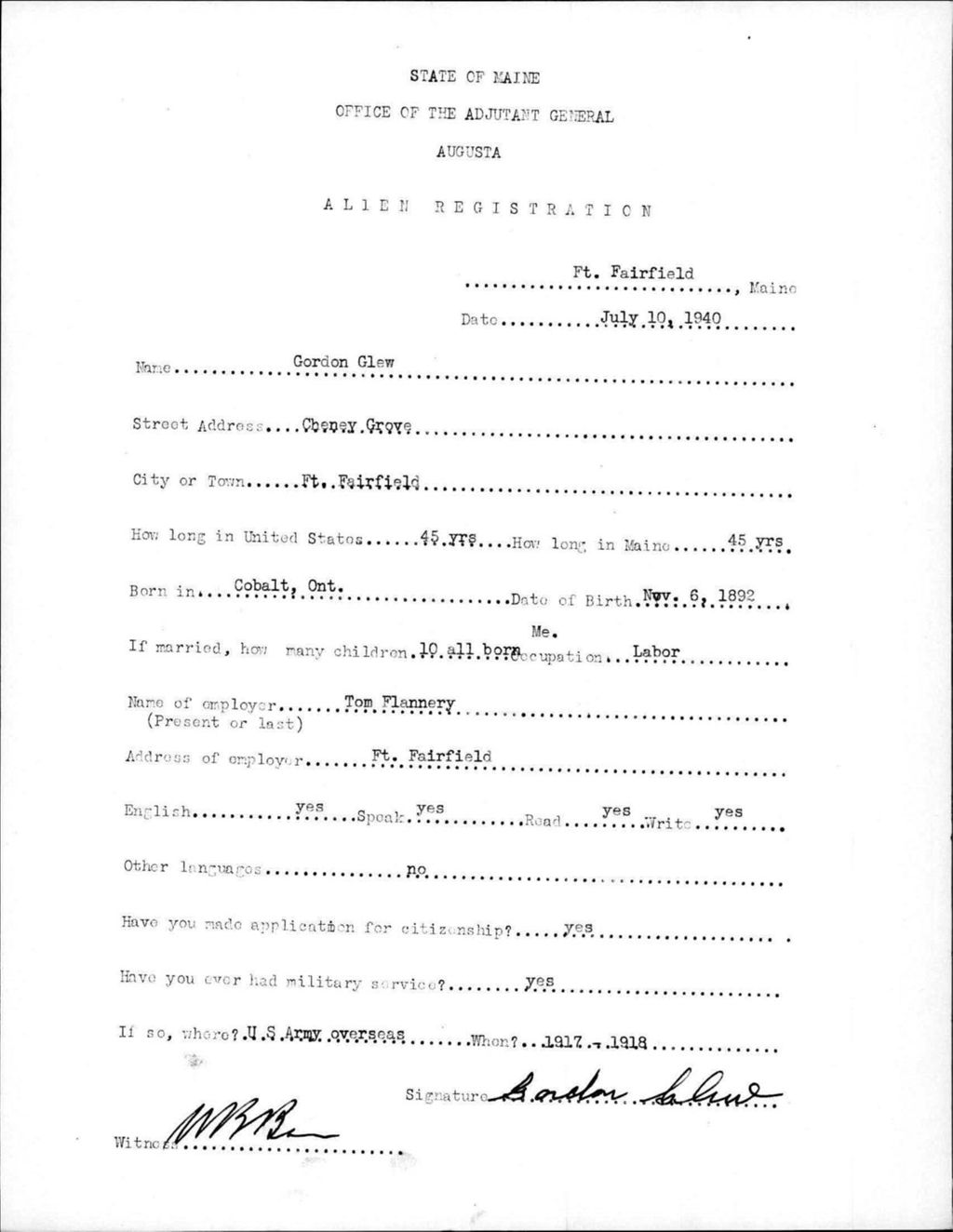 Miniature of Alien Registration- Glew, Gordon (Fort Fairfield, Aroostook County)