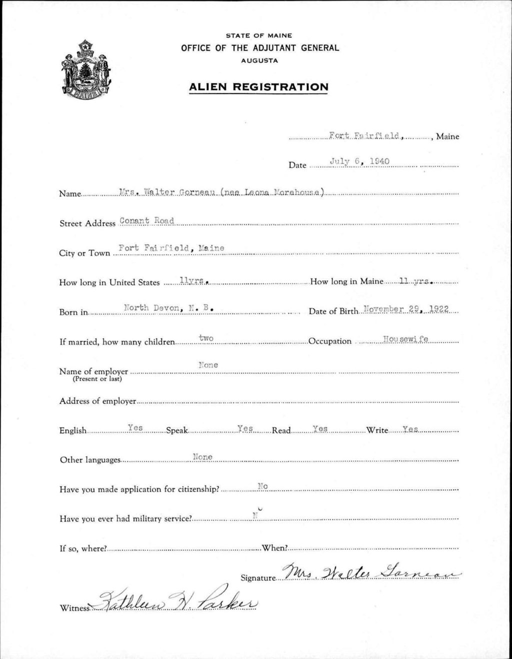Miniature of Alien Registration- Morehouse, Leona (Fort Fairfield, Aroostook County)