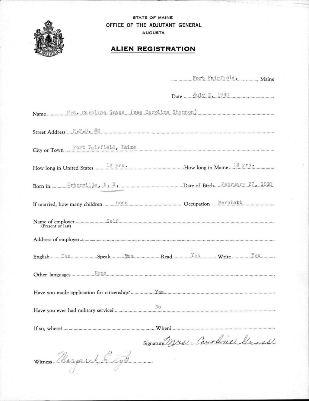 Miniature of Alien Registration- Shannon, Caroline (Fort Fairfield, Aroostook County)