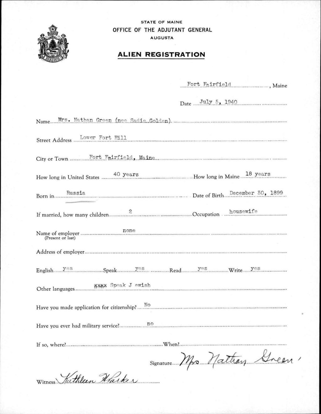 Miniature of Alien Registration- Golden, Sadie (Fort Fairfield, Aroostook County)