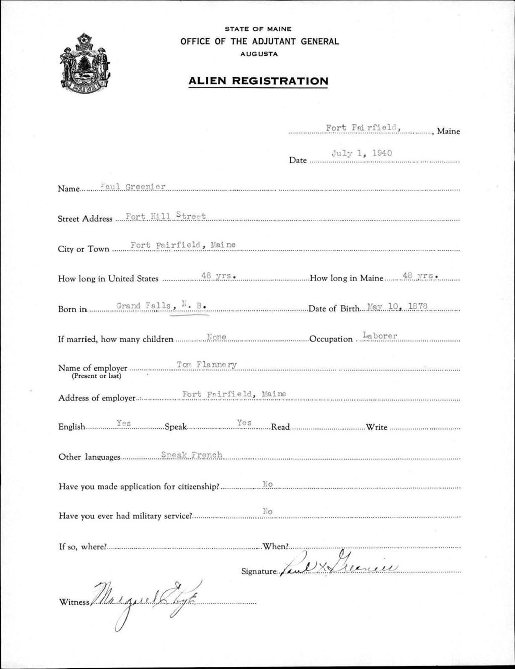 Miniature of Alien Registration- Greenier, Paul (Fort Fairfield, Aroostook County)