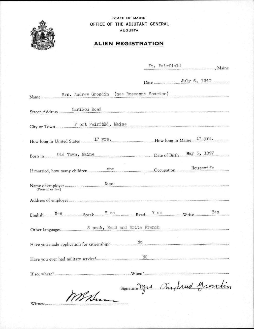 Miniature of Alien Registration- Soucier, Roseanna (Fort Fairfield, Aroostook County)