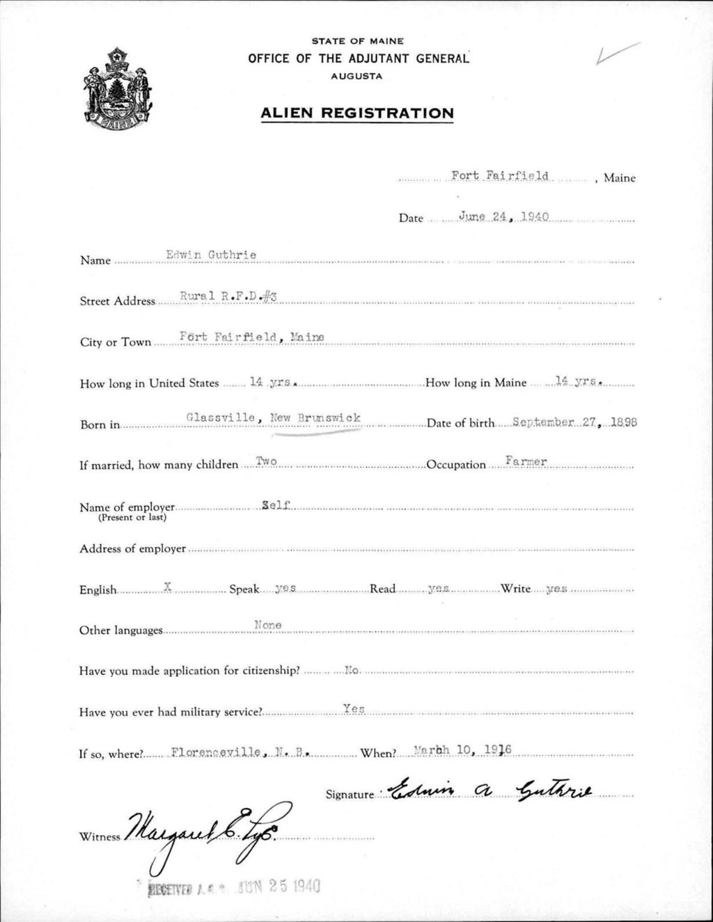 Miniature of Alien Registration- Guthrie, Edwin (Fort Fairfield, Aroostook County)