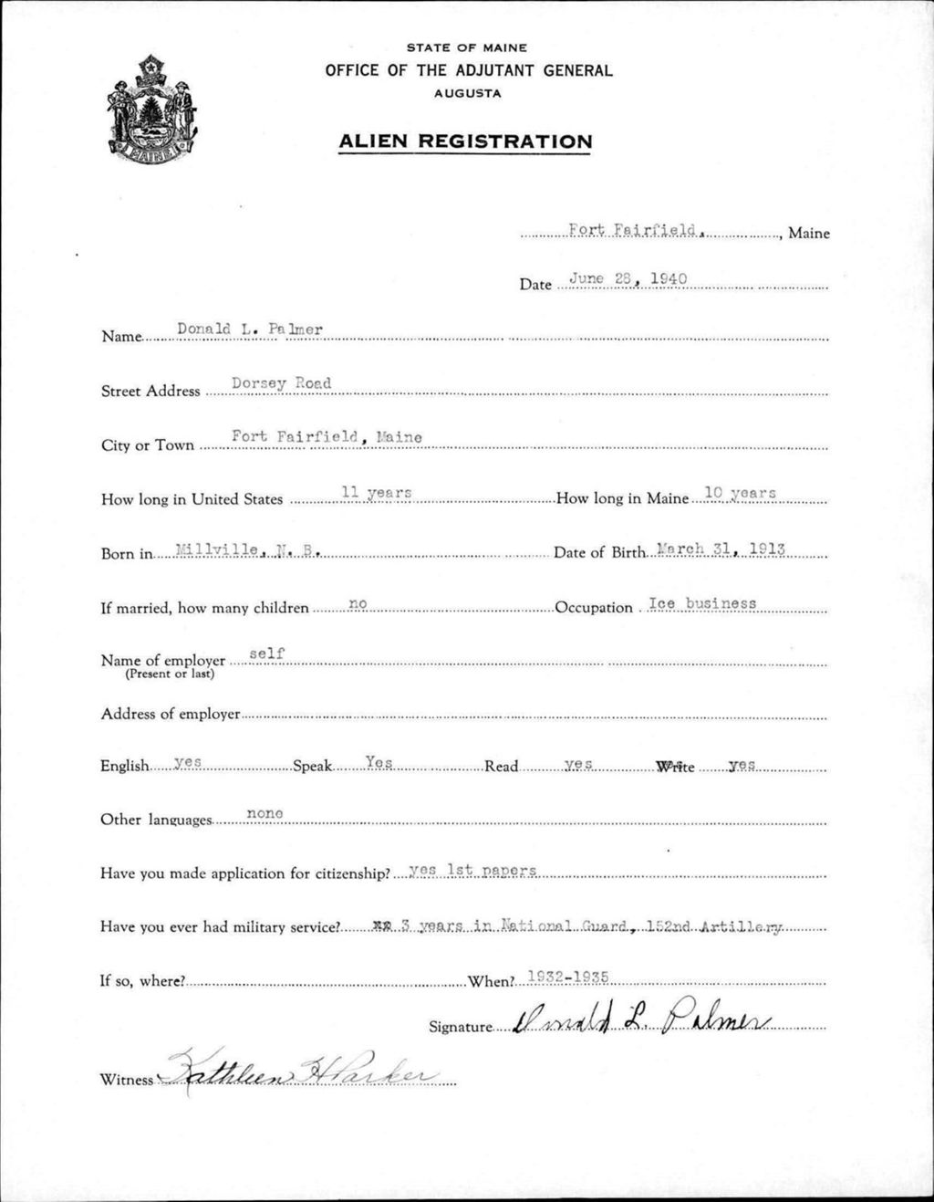 Miniature of Alien Registration- Palmer, Donald L. (Fort Fairfield, Aroostook County)