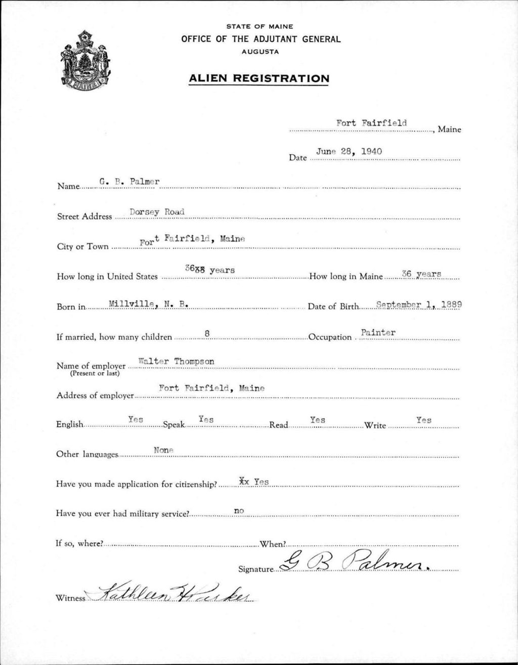 Miniature of Alien Registration- Palmer, G B. (Fort Fairfield, Aroostook County)
