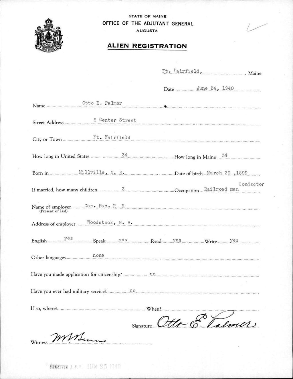 Miniature of Alien Registration- Palmer, Otto E. (Fort Fairfield, Aroostook County)