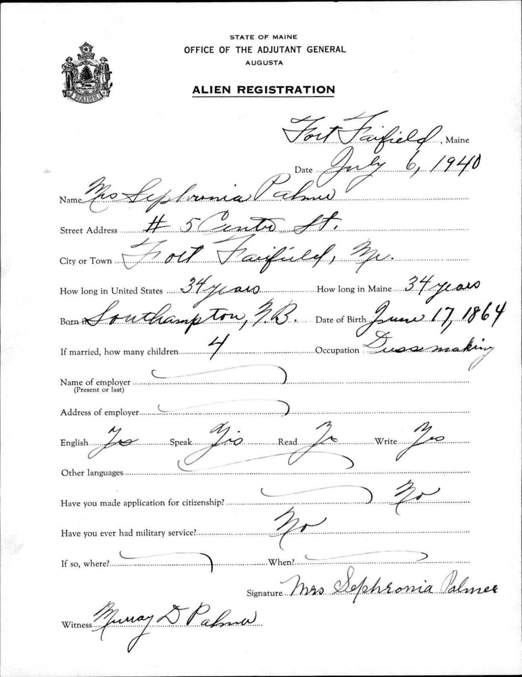 Miniature of Alien Registration- Palmer, Sephronia (Fort Fairfield, Aroostook County)