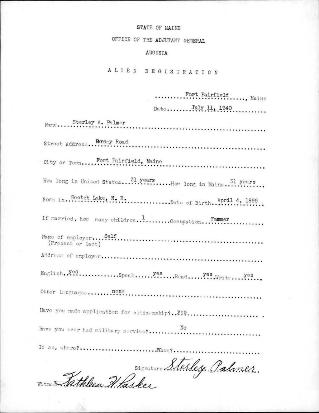 Miniature of Alien Registration- Palmer, Sterley A. (Fort Fairfield, Aroostook County)