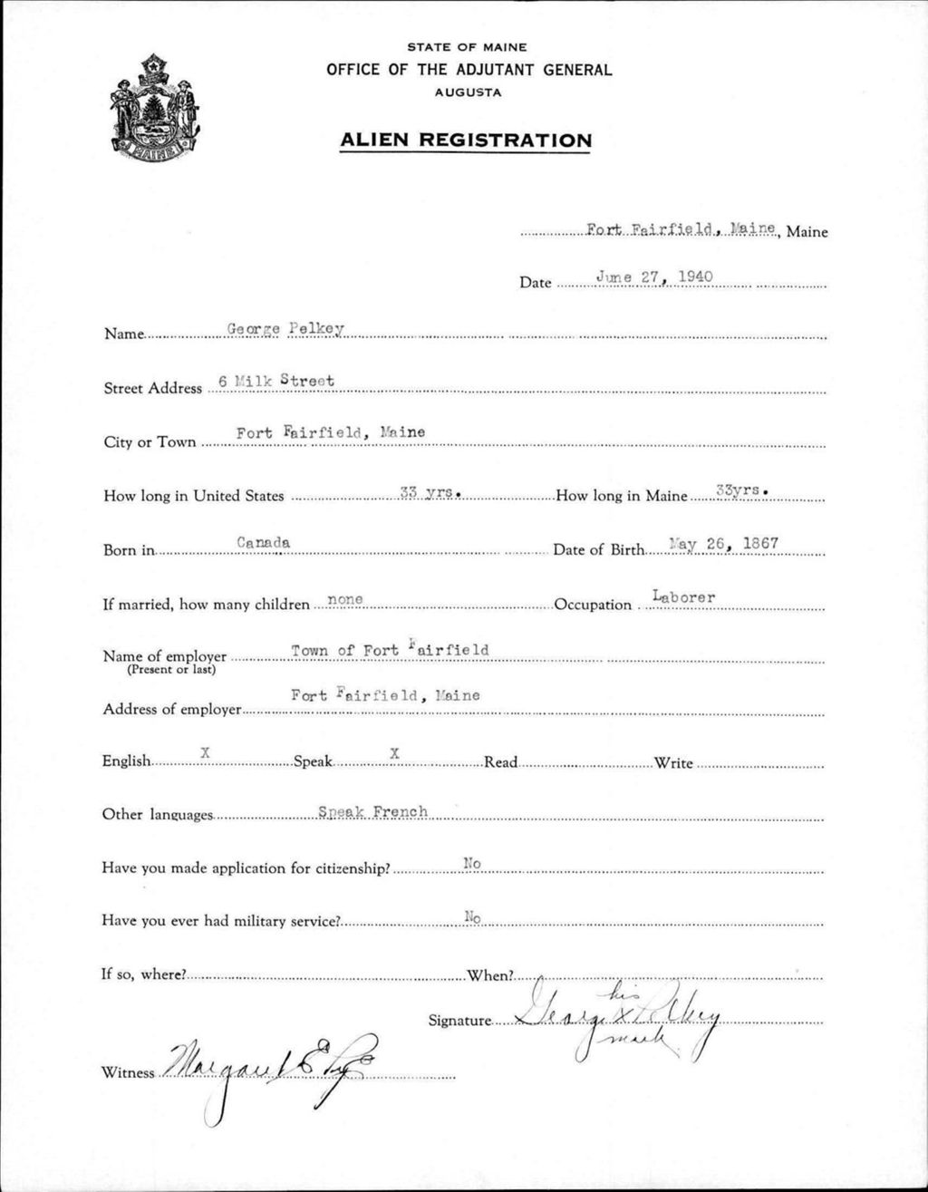 Miniature of Alien Registration- Pelkey, George (Fort Fairfield, Aroostook County)