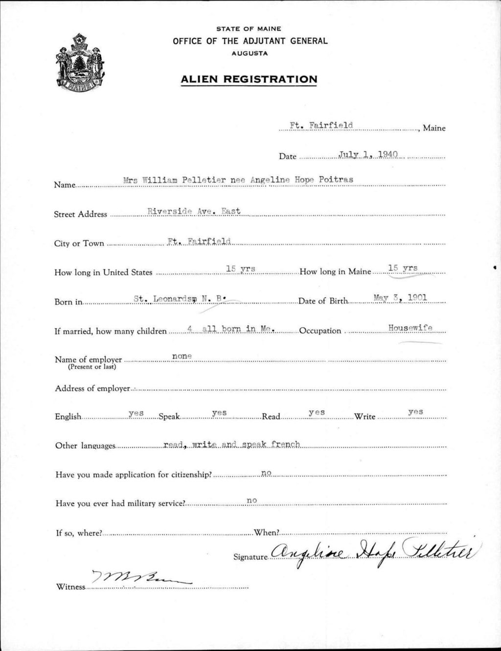 Miniature of Alien Registration- Poitras, Angeline H. (Fort Fairfield, Aroostook County)