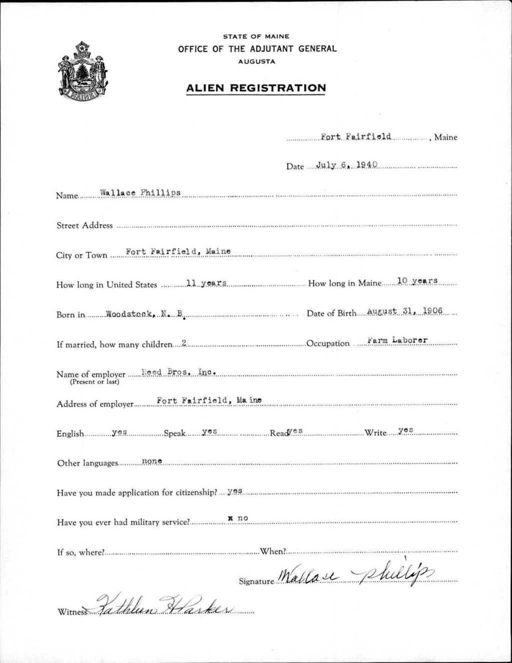 Miniature of Alien Registration- Phillips, Wallace (Fort Fairfield, Aroostook County)
