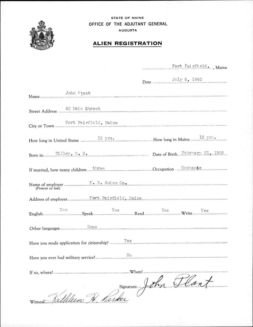 Miniature of Alien Registration- Plant, John (Fort Fairfield, Aroostook County)