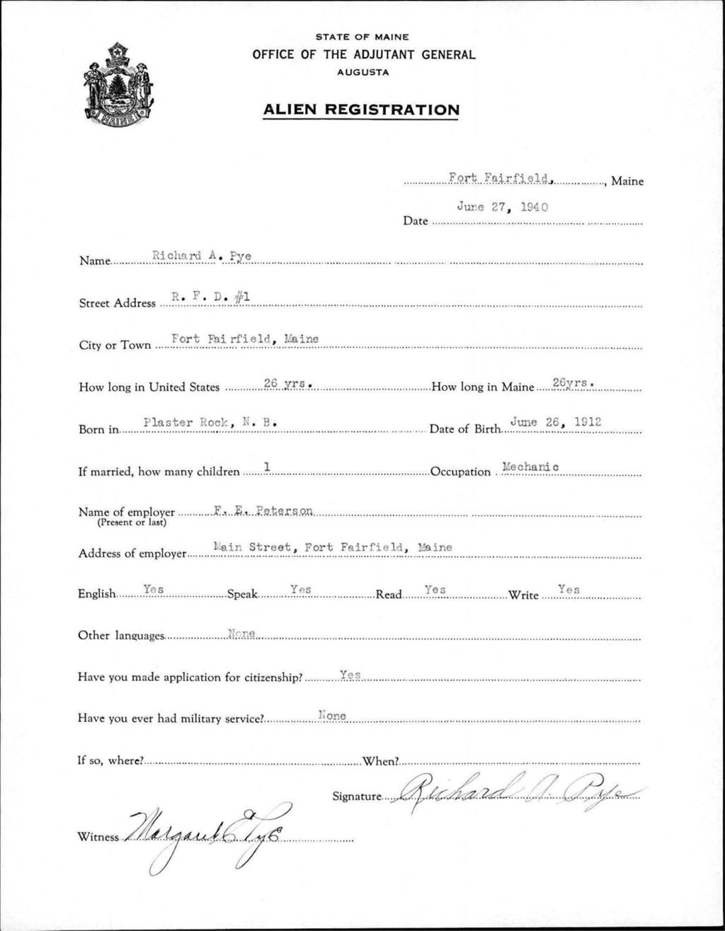 Miniature of Alien Registration- Pye, Richard A. (Fort Fairfield, Aroostook County)