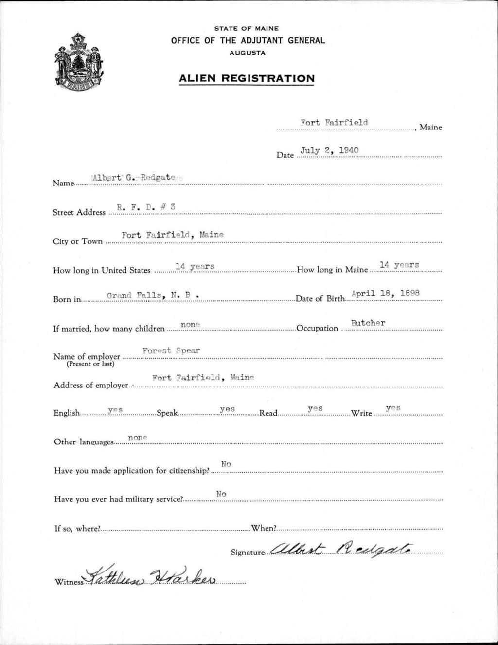 Miniature of Alien Registration- Redgate, Albert G. (Fort Fairfield, Aroostook County)
