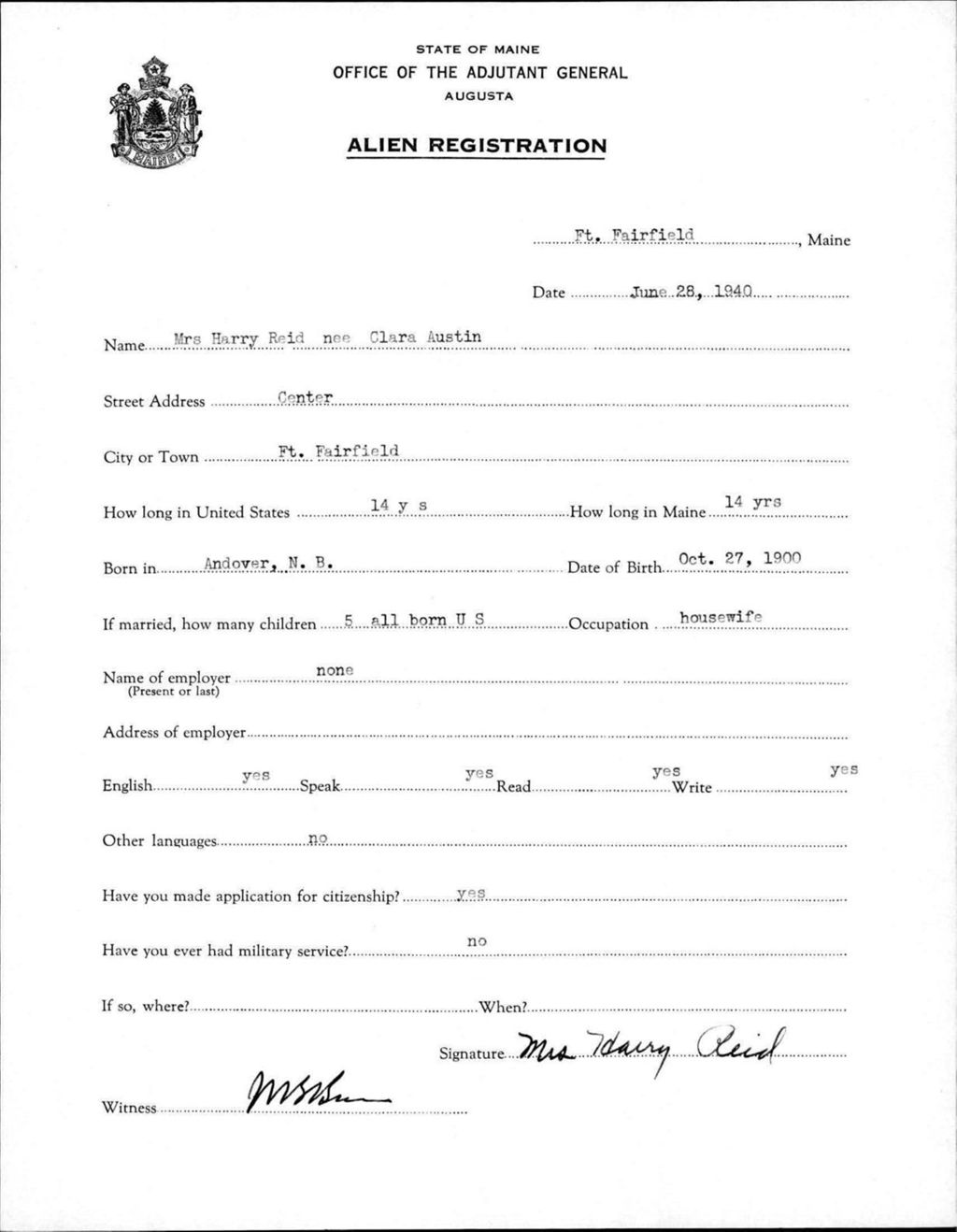 Miniature of Alien Registration- Austin, Clara (Fort Fairfield, Aroostook County)