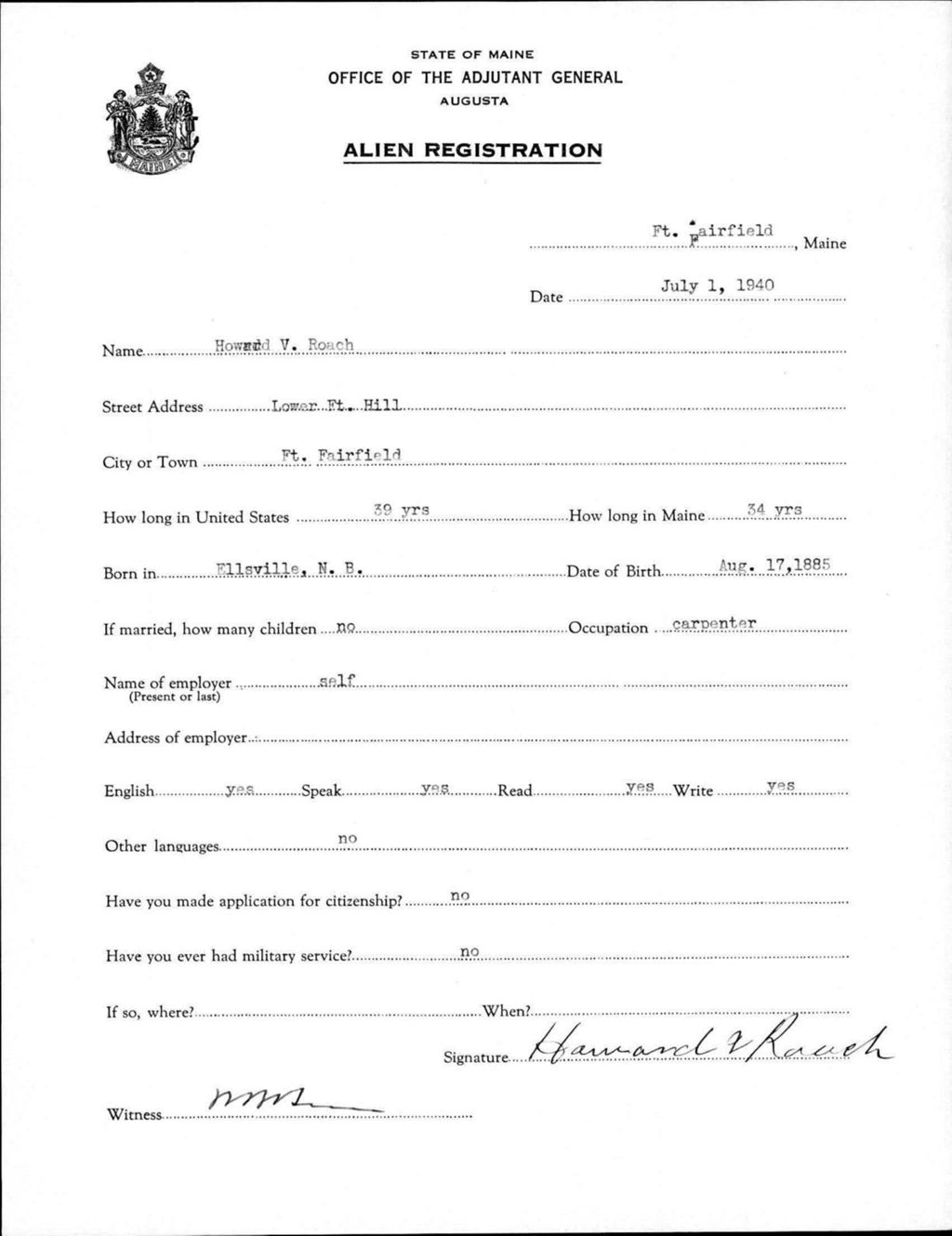 Miniature of Alien Registration- Roach, Howard V. (Fort Fairfield, Aroostook County)