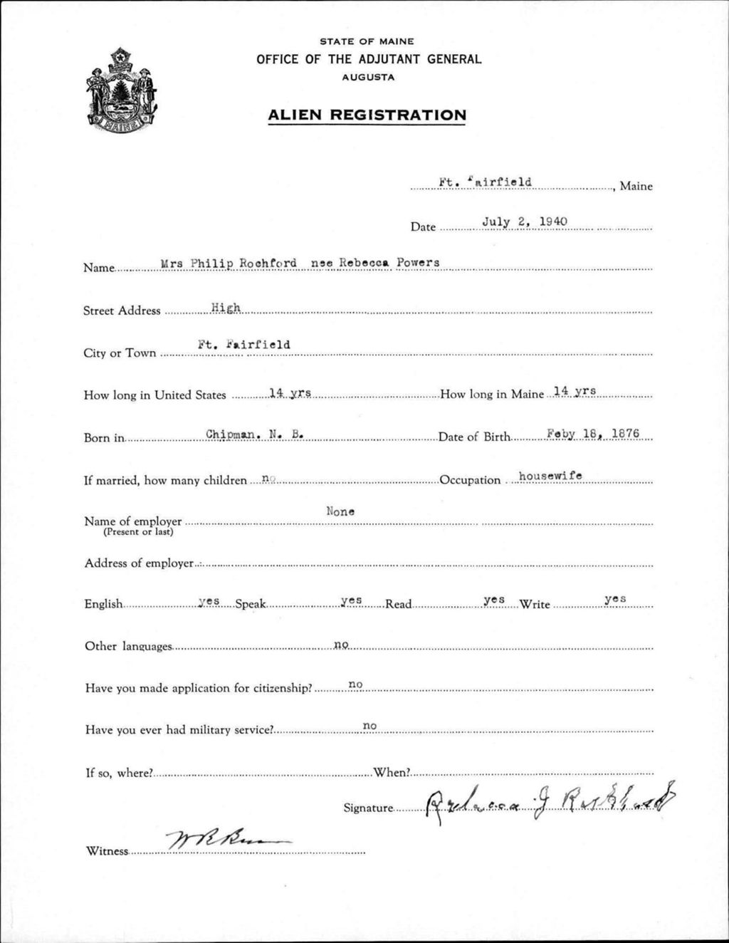 Miniature of Alien Registration- Powers, Rebecca (Fort Fairfield, Aroostook County)