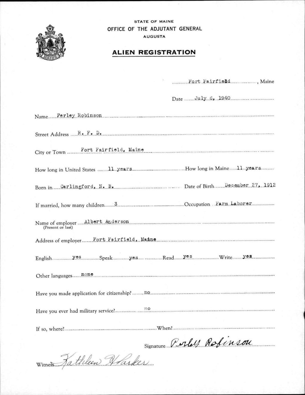 Miniature of Alien Registration- Robinson, Perley (Fort Fairfield, Aroostook County)