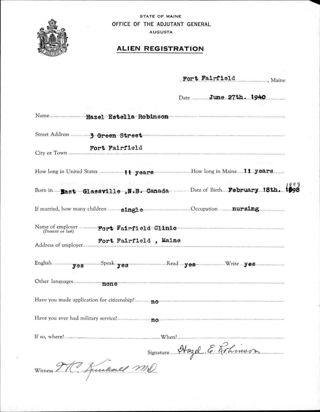Miniature of Alien Registration- Robinson, Hazel E. (Fort Fairfield, Aroostook County)