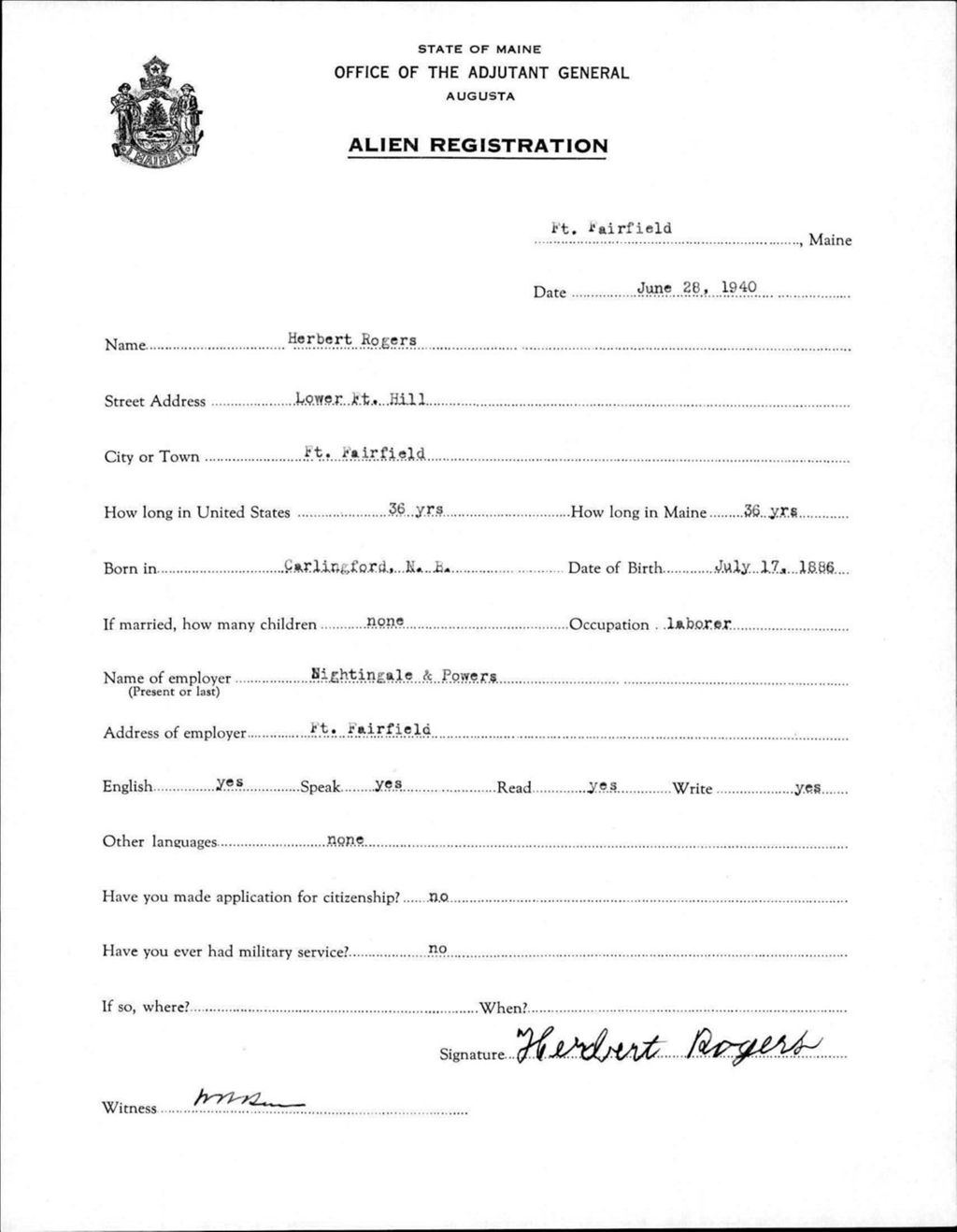 Miniature of Alien Registration- Rogers, Herbert (Fort Fairfield, Aroostook County)