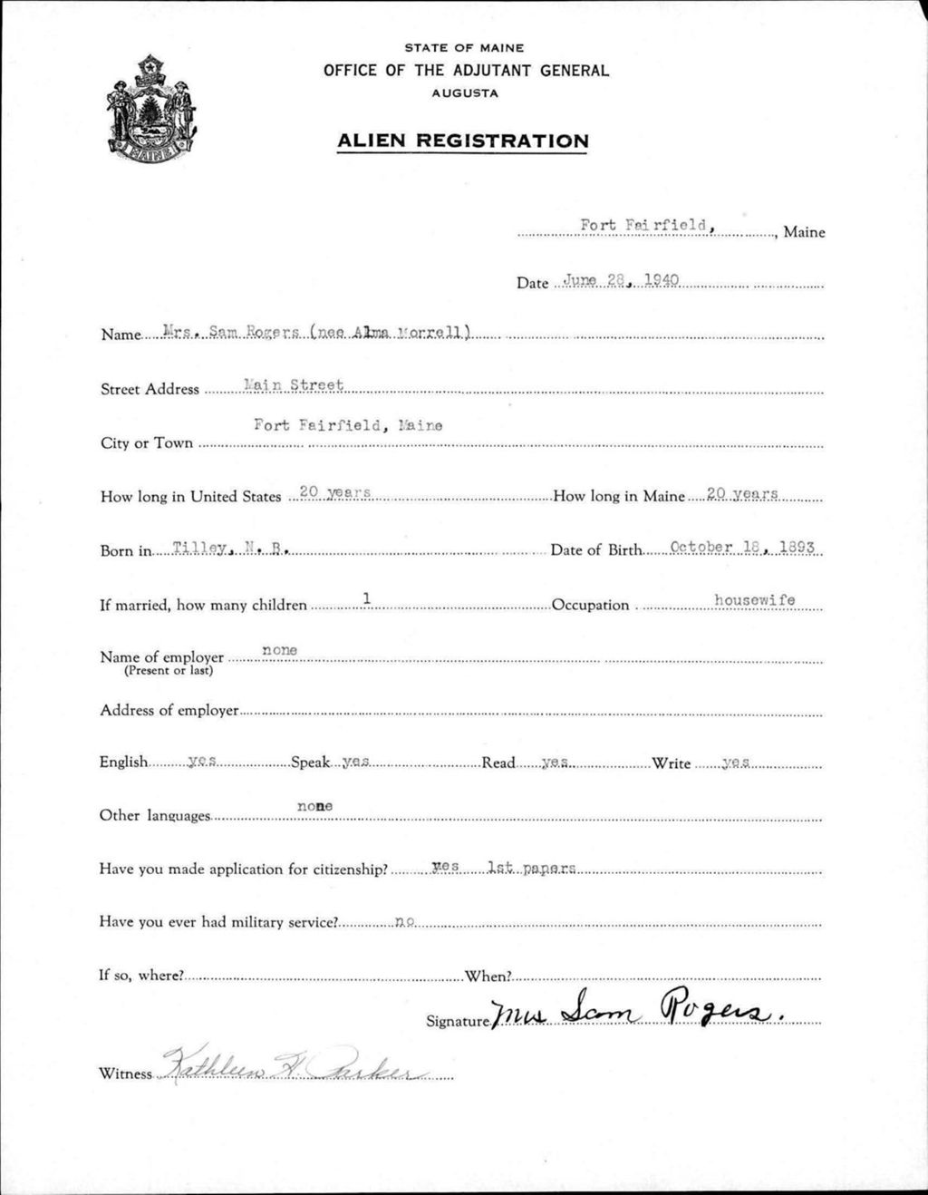 Miniature of Alien Registration- Morrell, Alma (Fort Fairfield, Aroostook County)