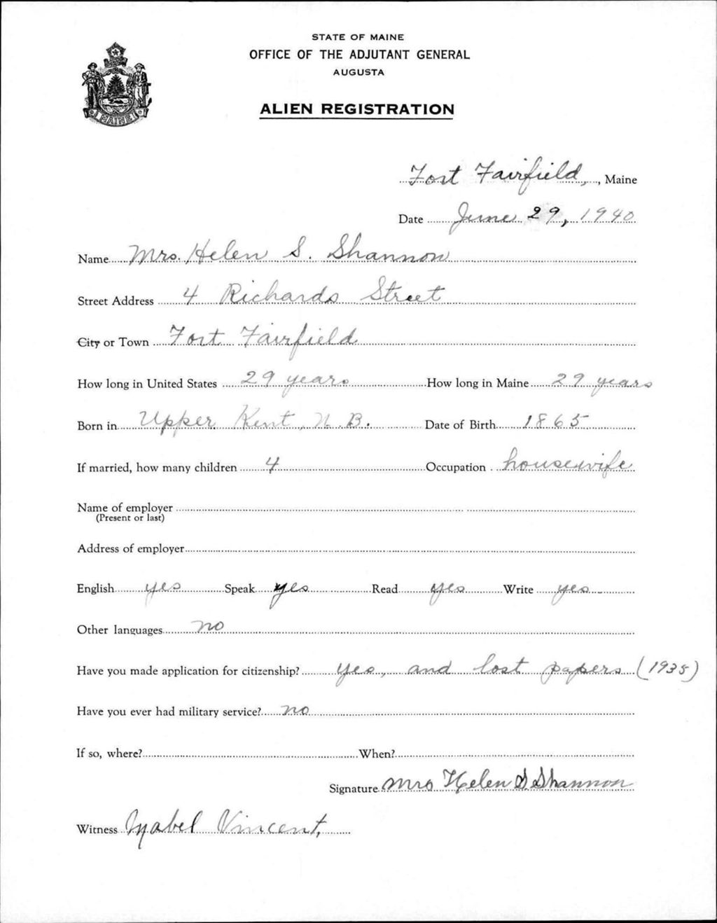 Miniature of Alien Registration- Shannon, Helen S. (Fort Fairfield, Aroostook County)
