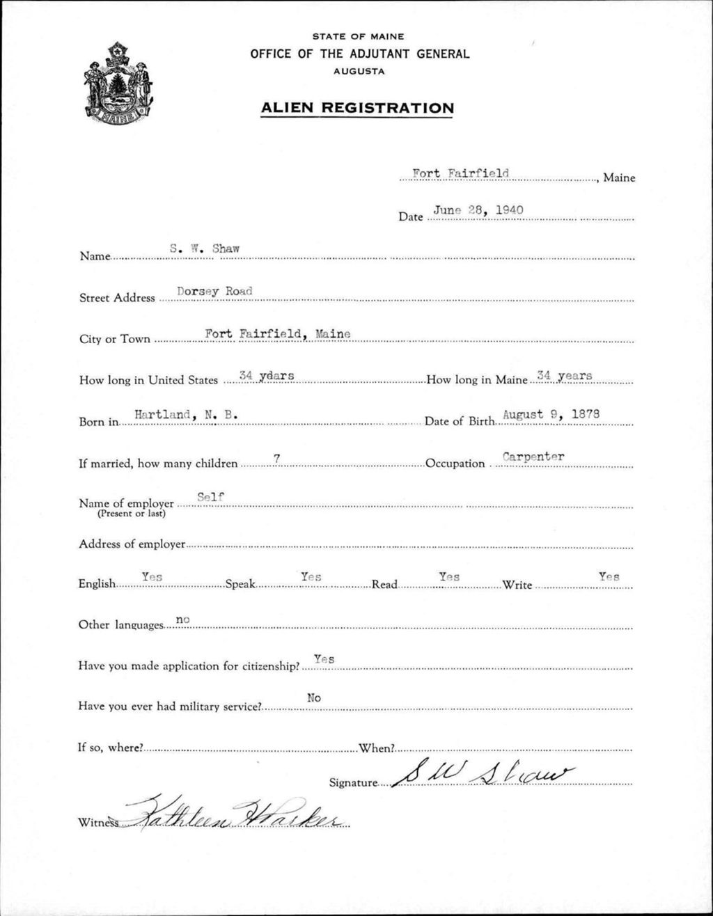 Miniature of Alien Registration- Shaw, S W. (Fort Fairfield, Aroostook County)