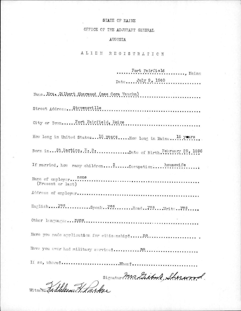 Miniature of Alien Registration- Vaughn, Cora (Fort Fairfield, Aroostook County)