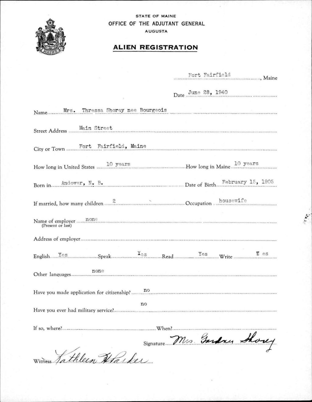 Miniature of Alien Registration- Bourgeois, Thressa (Fort Fairfield, Aroostook County)