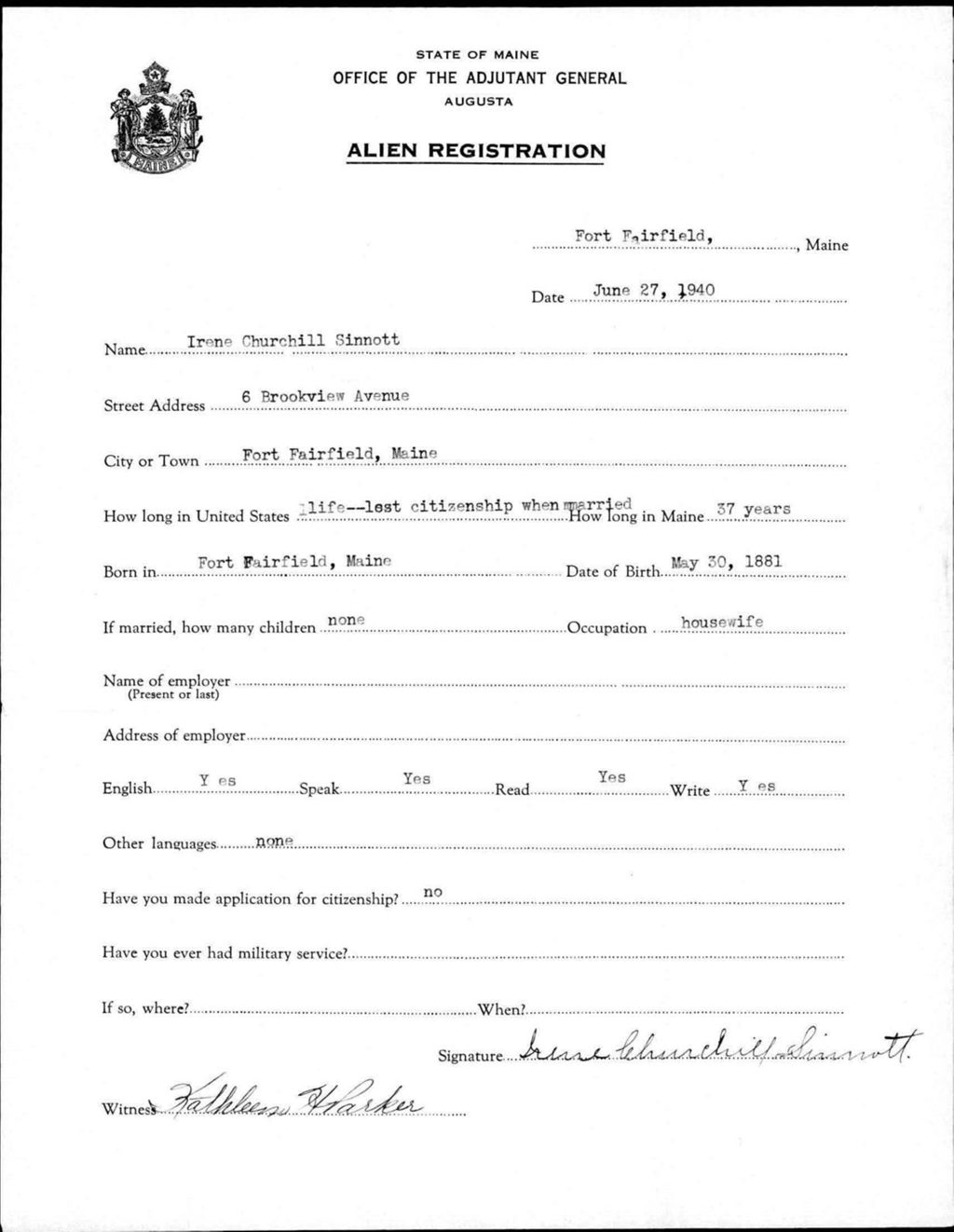 Miniature of Alien Registration- Sinnott, Irene C. (Fort Fairfield, Aroostook County)