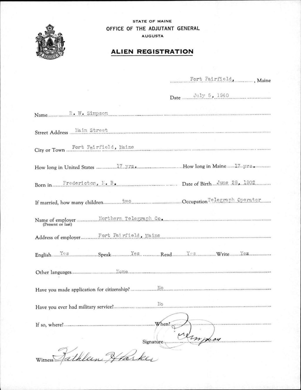Miniature of Alien Registration- Simpson, R W. (Fort Fairfield, Aroostook County)