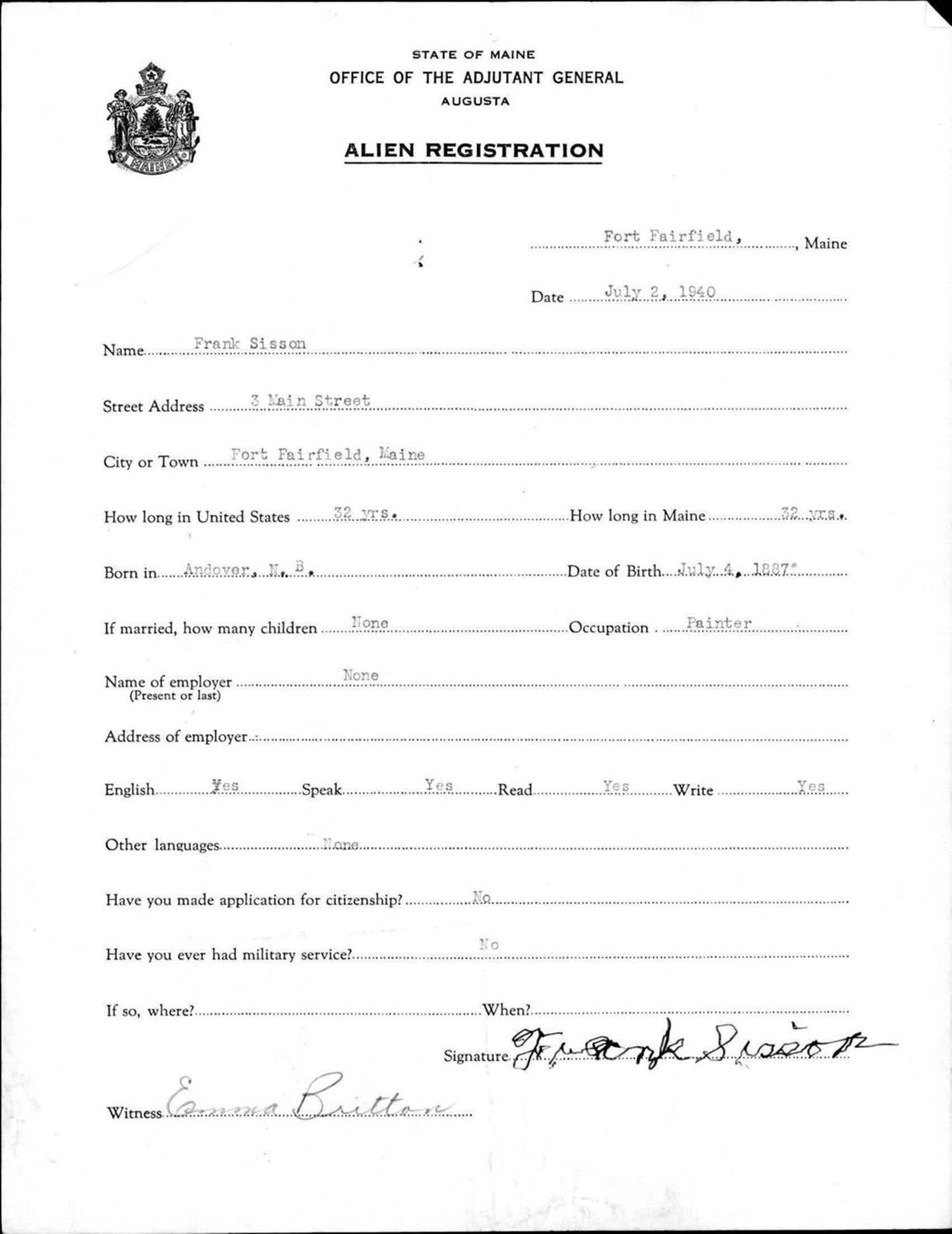 Miniature of Alien Registration- Sisson, Frank (Fort Fairfield, Aroostook County)
