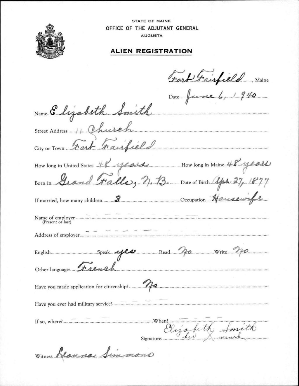 Miniature of Alien Registration- Smith, Elizabeth (Fort Fairfield, Aroostook County)
