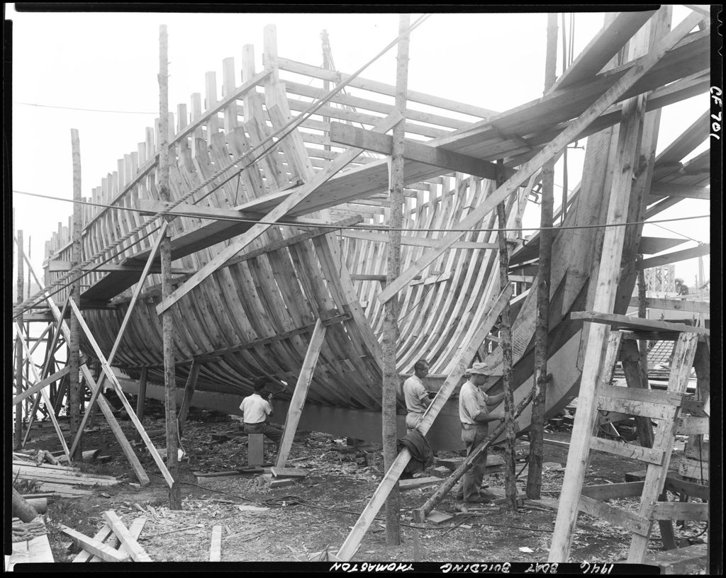 Miniature of View Of A Vessel Under Construction In Thomaston, Workers Attaching Timbers To Keel