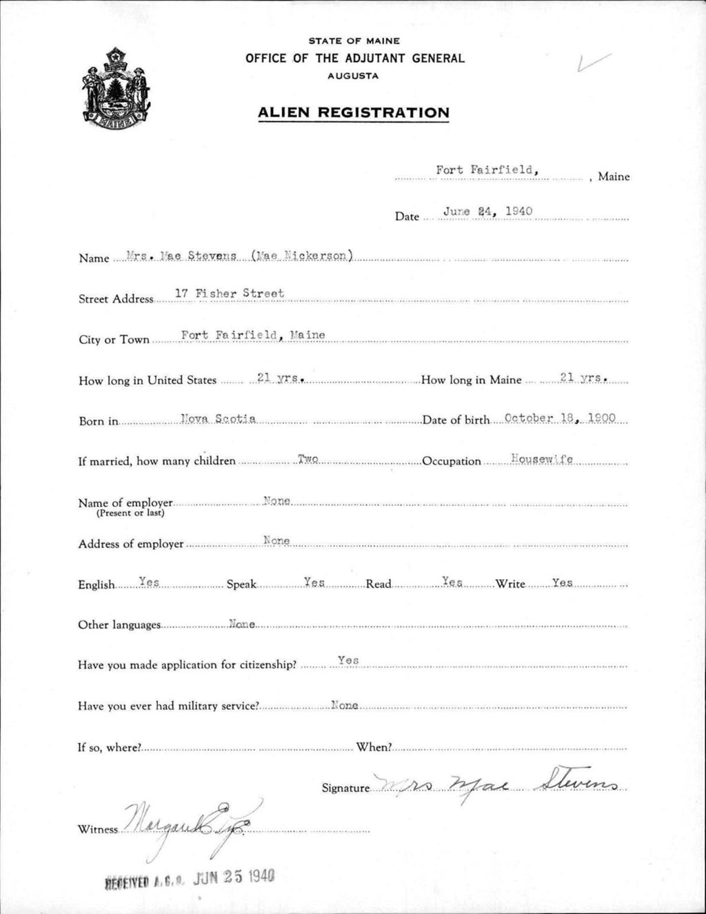 Miniature of Alien Registration- Nickerson, Mae (Fort Fairfield, Aroostook County)