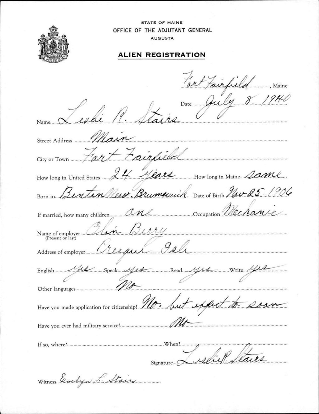 Miniature of Alien Registration- Stairs, Leslie R. (Fort Fairfield, Aroostook County)