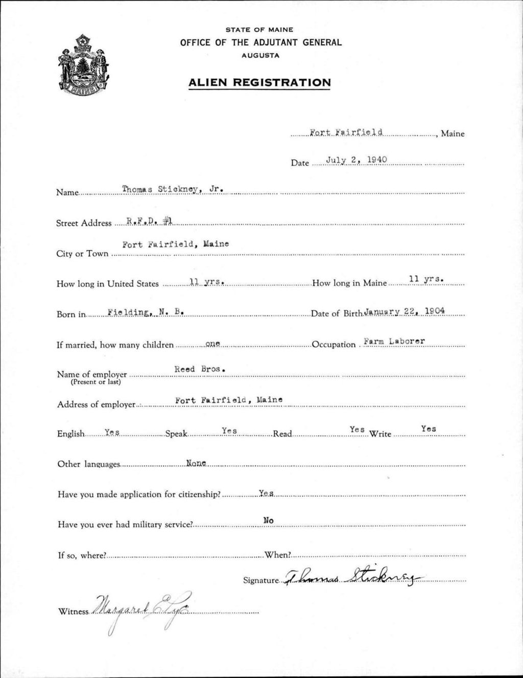 Miniature of Alien Registration- Stickney, Thomas, Jr. (Fort Fairfield, Aroostook County)