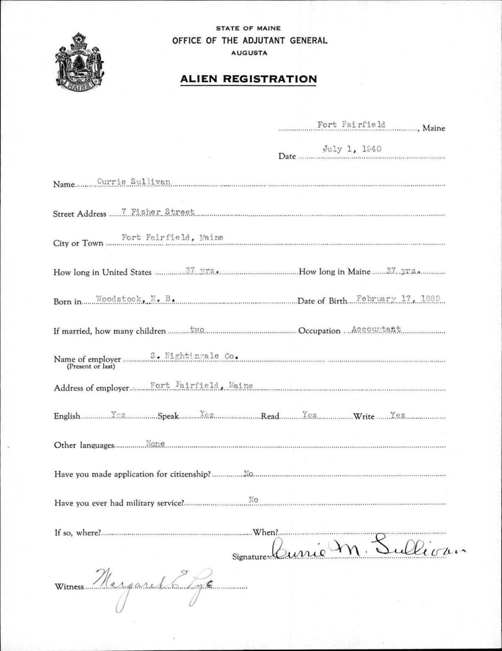 Miniature of Alien Registration- Sullivan, Currie (Fort Fairfield, Aroostook County)